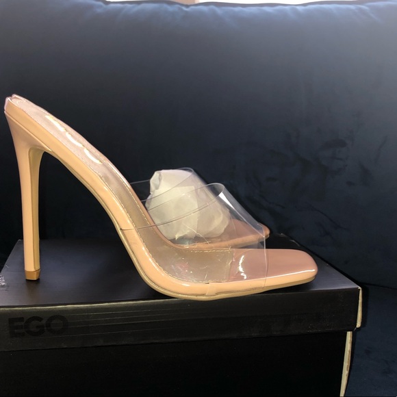 NEW EGO Shoes-NUDE SQUARE PEEP TOE CLEAR PERSPEX HEEL MULE IN PATENT (Size US 8) - Picture 4 of 6